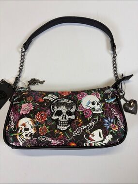 Ed Hardy Skull Rose Tattoo Print Crossbody Shoulder Bag Vegan NWT